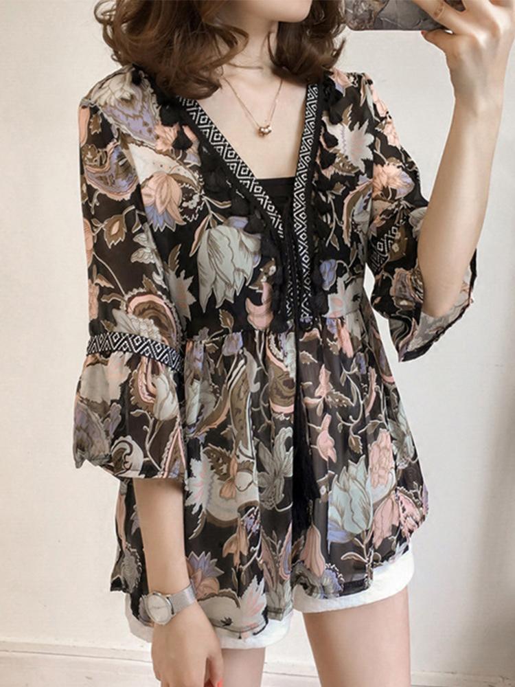 

Свободная шифоновая блуза с цветочным принтом V Шея