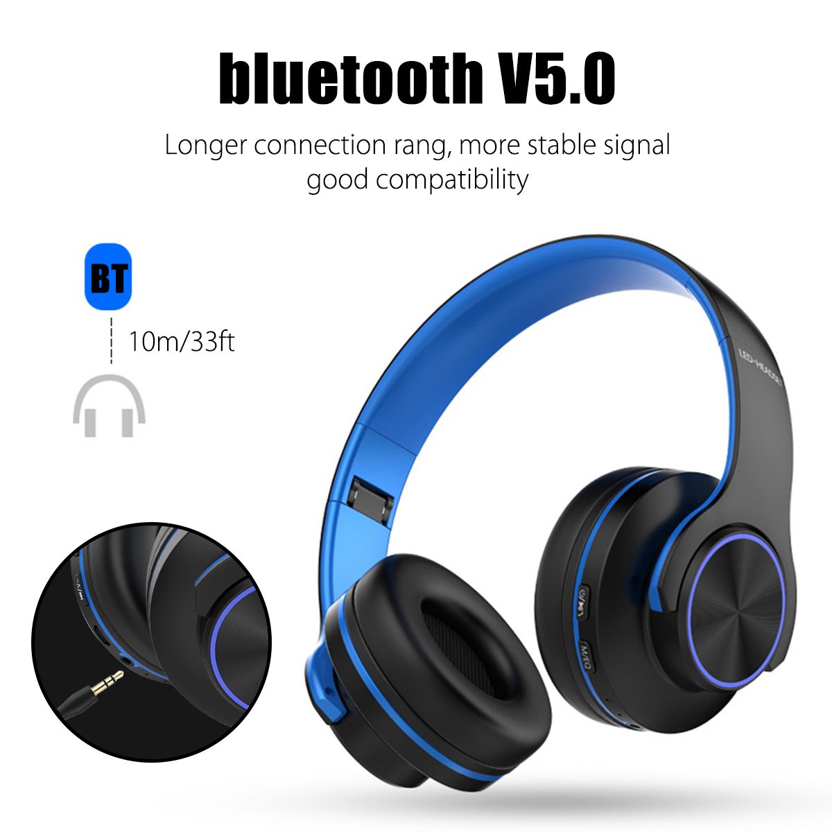 Foldable Wireless bluetooth V5.0 Headset LED Breathing Light Gaming Headphone Support FM Radio TF Card