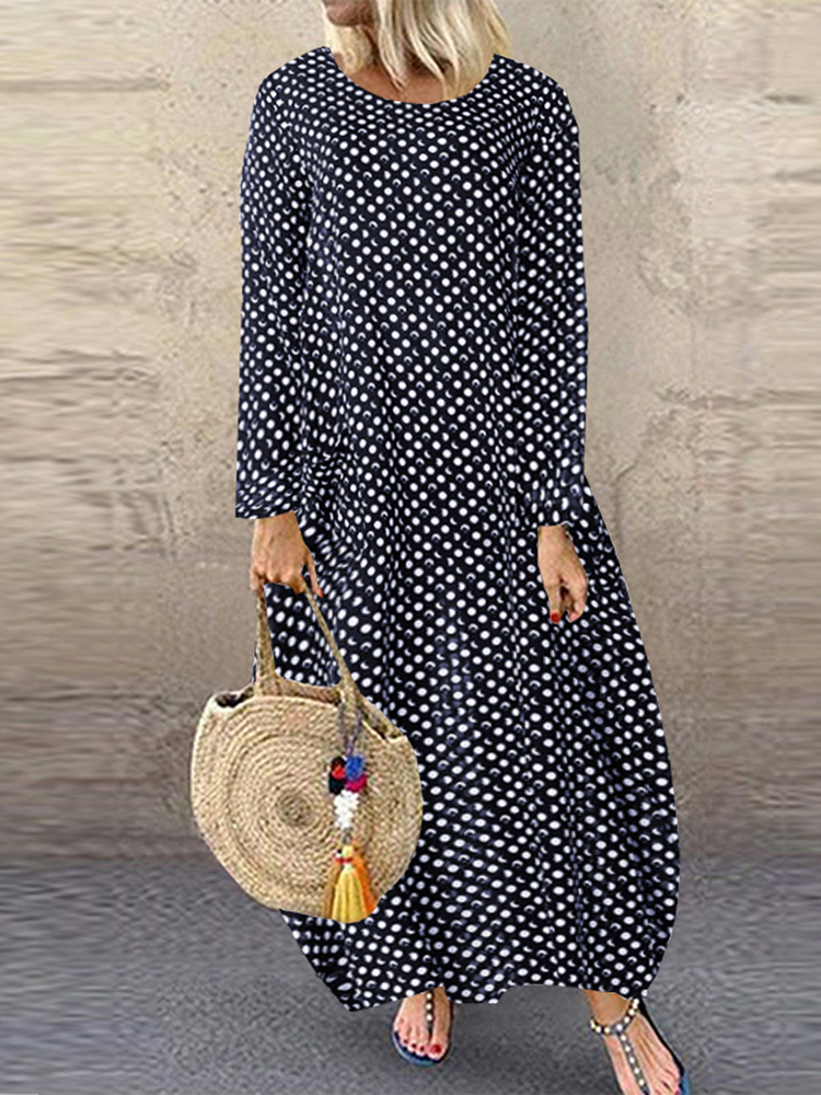 

S-5XL Женское в горошек с длинным рукавом с длинным рукавом, макси Платье