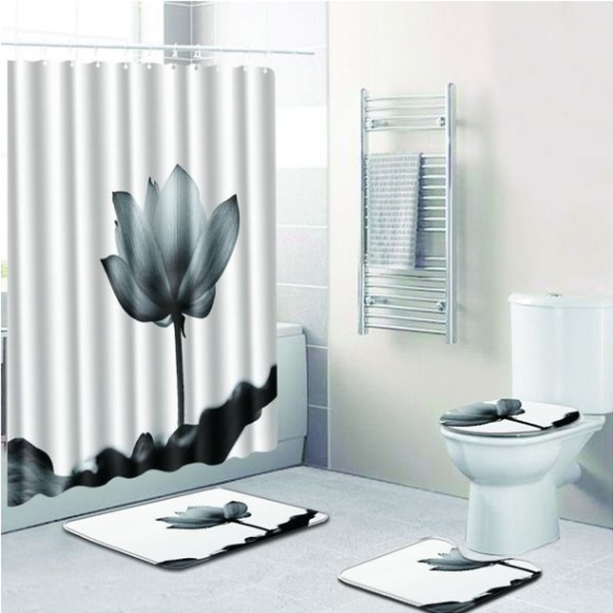 

Flower Waterproof Shower Curtain Bathroom Toilet Lid Rugs Cover Mats