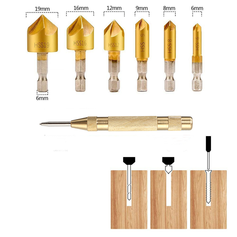 with One Free Hex Key Perfect for Wood Woodworking Chamfer Three-Pointed High-Speed Steel Drill Countersink Drill Bits Drillpro7Pcs Woodworking Drill Bits Set