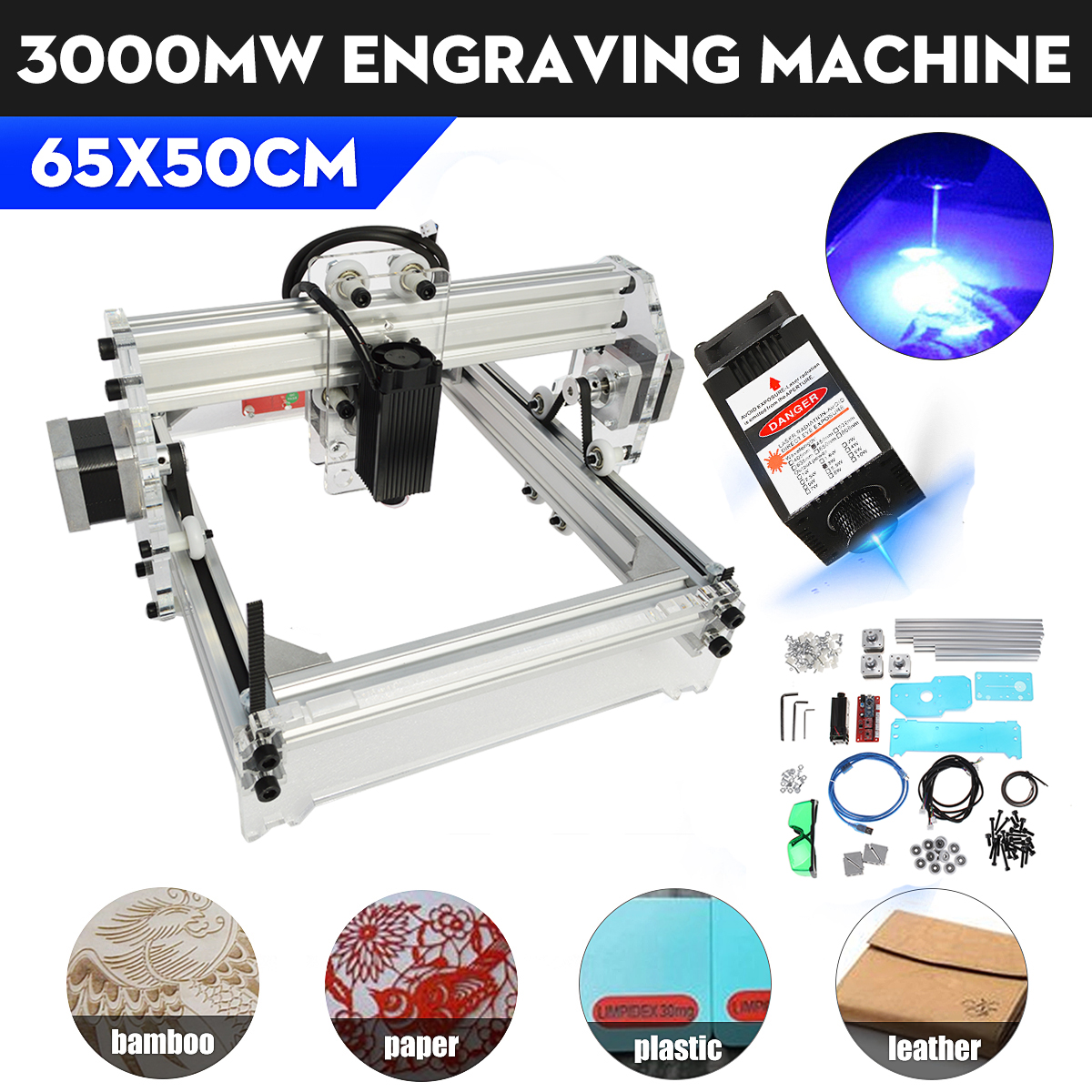 

3W 65*50CM Engraving Machine AC110-220V to DC12V Mini DIY Desktop Laser Engraver Cutting Machine Laser Etcher CNC Print Image