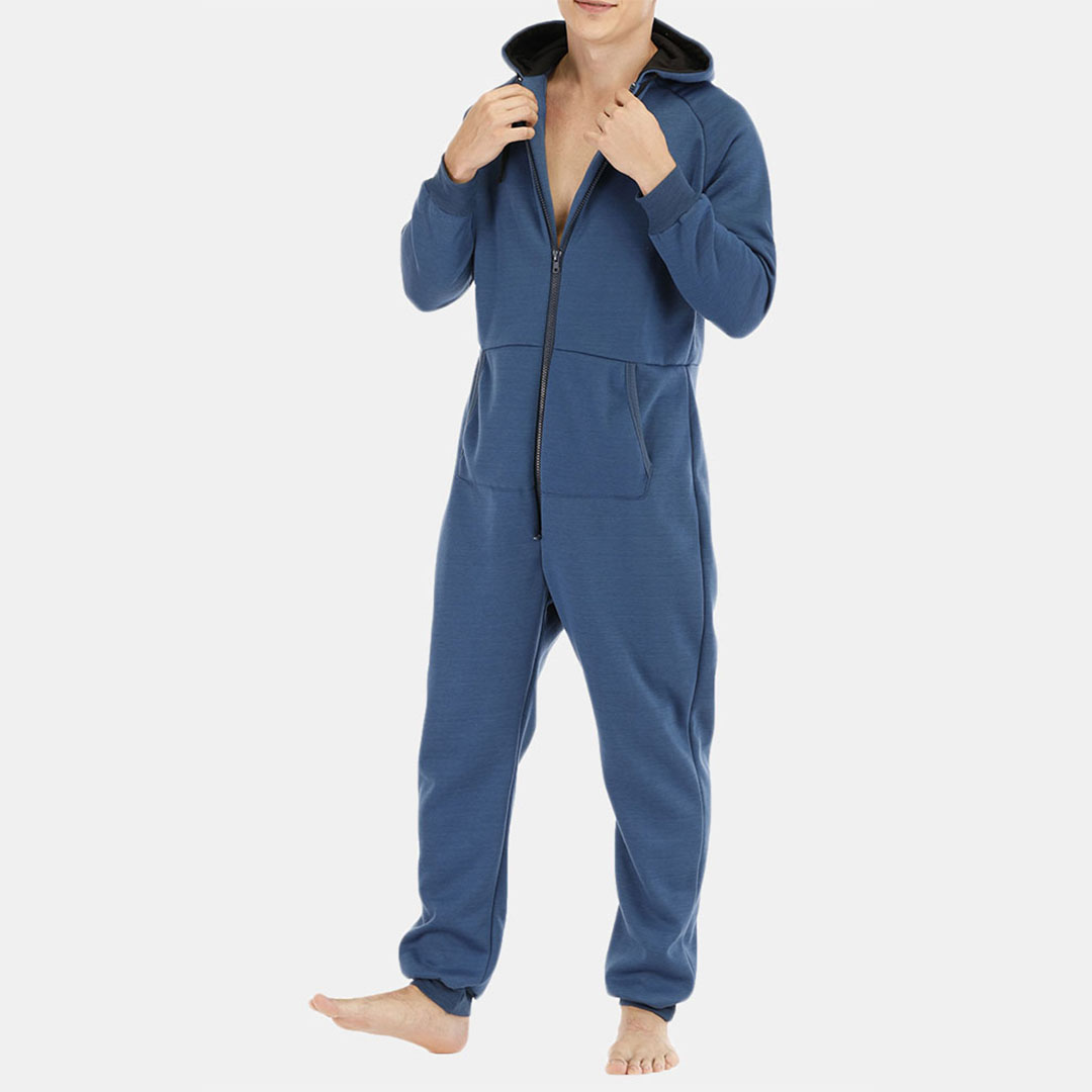 

MenMulit Pockets Thicken Loungewear Zip Down Jumpsuit Plain Hooded Pajamas