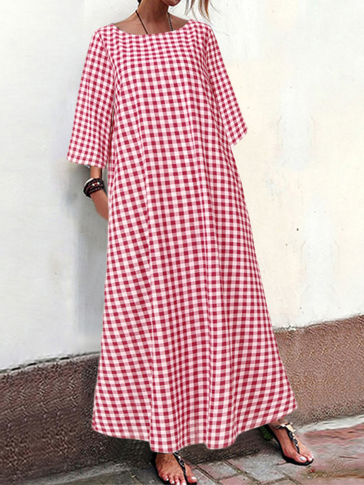 

Women 3/4 Sleeve Casual Plaid Long Maxi Dress With Pocket