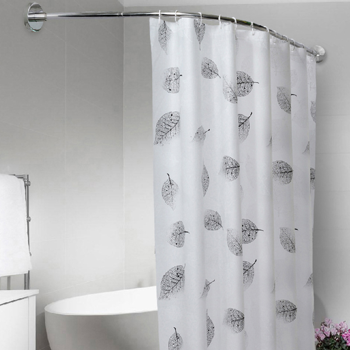 

Adjustable Stainless Steel Shower Curtain Rod Curved Pole Bathtub Hooks