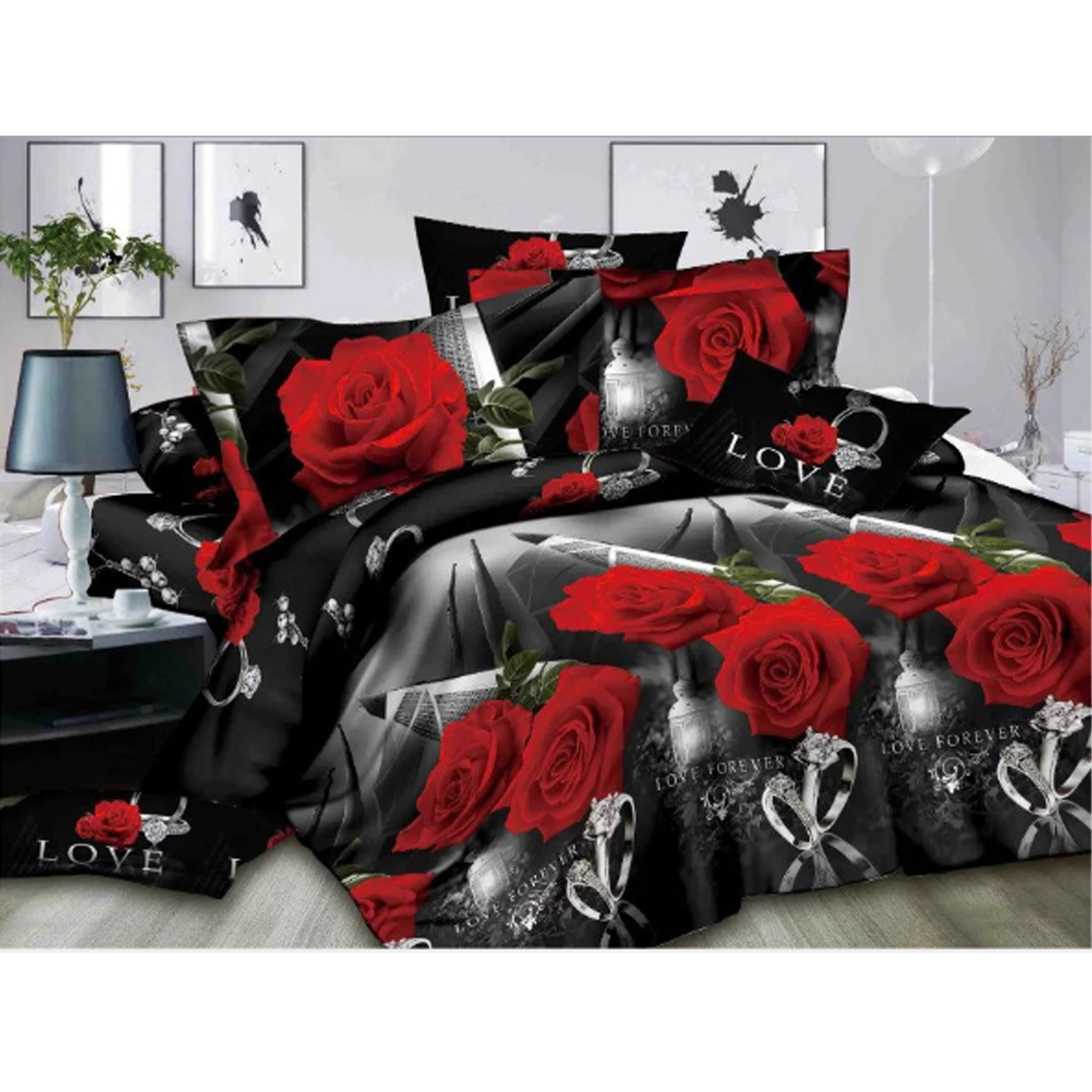 

3PCS 3D Stereoscopic Rose/Diamond Ring Printed Cotton Bedding Sets For King Bed
