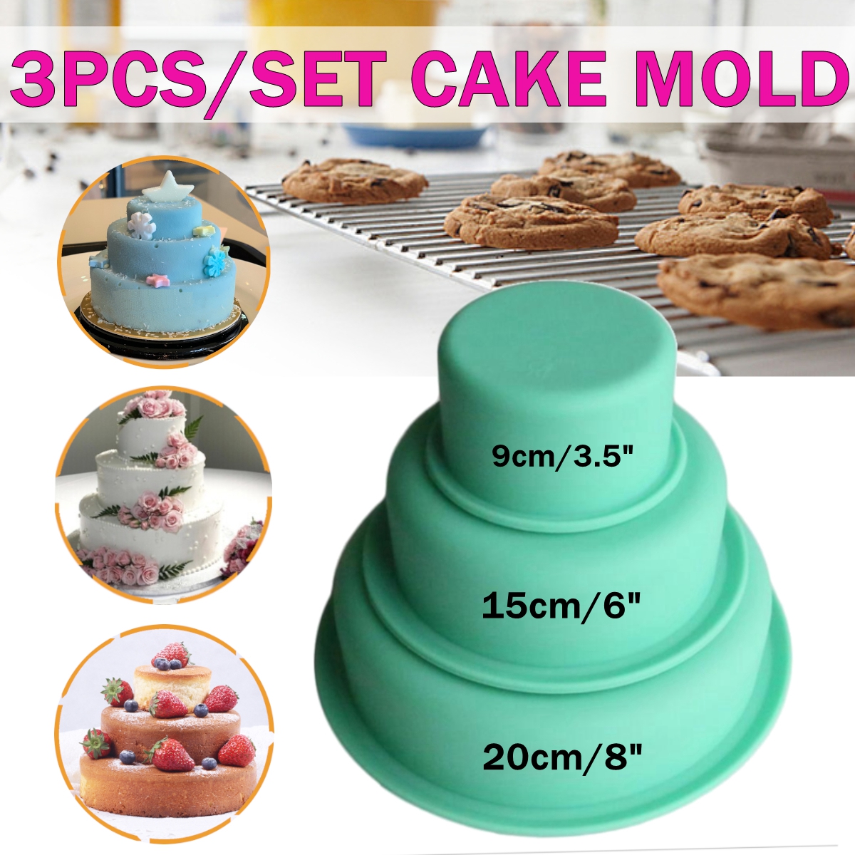 3Pcs Cake Mold Round Silicone Cupcake Baking Set Cake Decorating Pan 