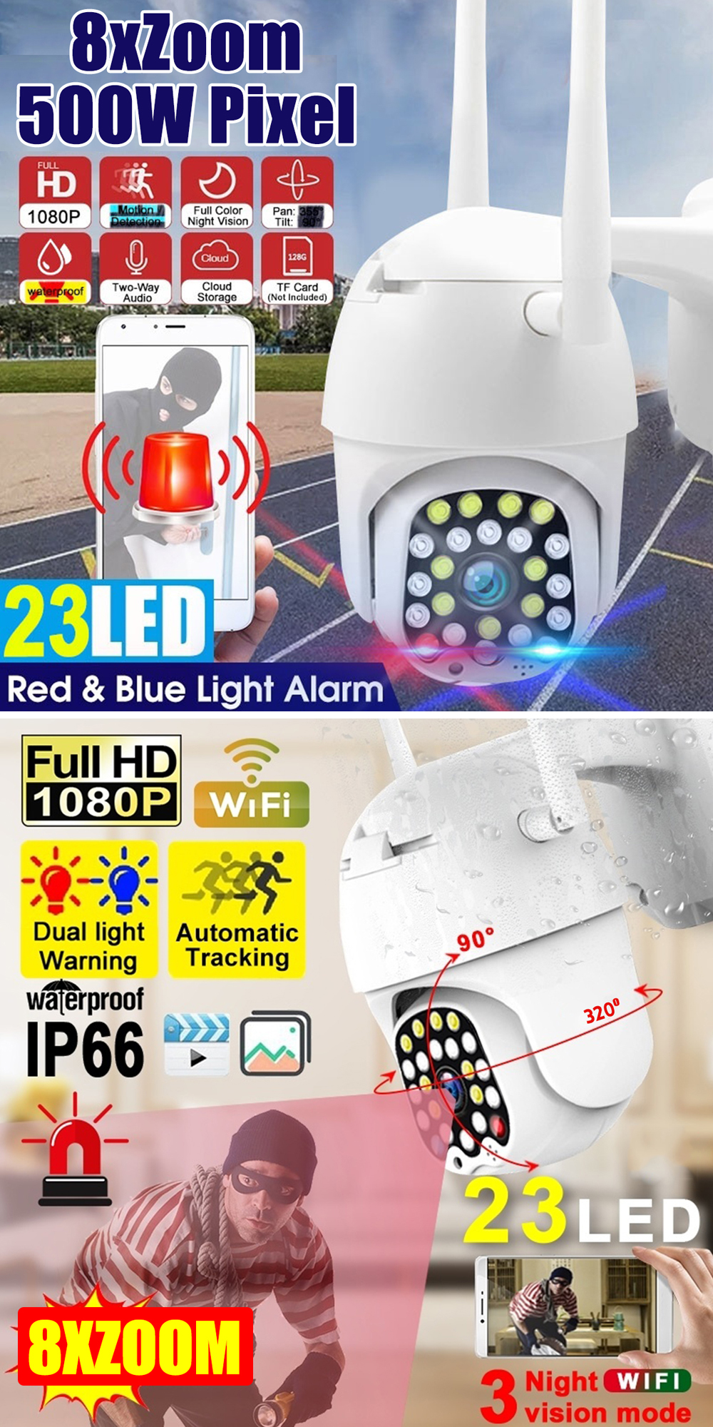 GUUDGO 8X Zoom 23LED 5MP 1080P HD Wifi IP Security Camera Outdoor Light & Sound Alarm Night Vision Waterproof 12