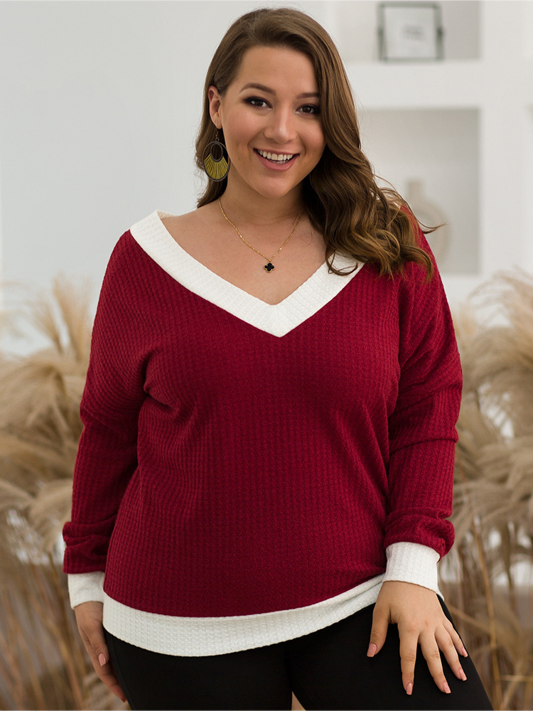 

Plus Size Contrast Color V-neck Women Casual Knit Sweaters