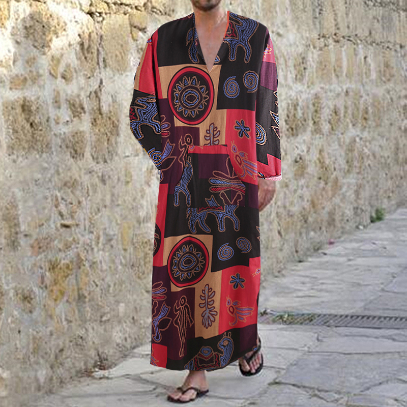 

Men Ethnic Pattern Print Cotton Long Sleeve Kaftan Shirts
