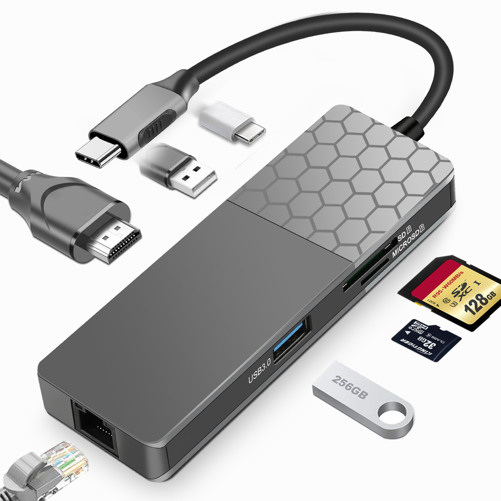 

Адаптер Bakeey 7-в-1 USB-C для док-станции с 2 * USB 3.0 / 100 Вт Type-C PD / 4K HD Дисплей / Гигабитный Ethernet-порт / Устройство чтения карт TF / камера Устройство чте