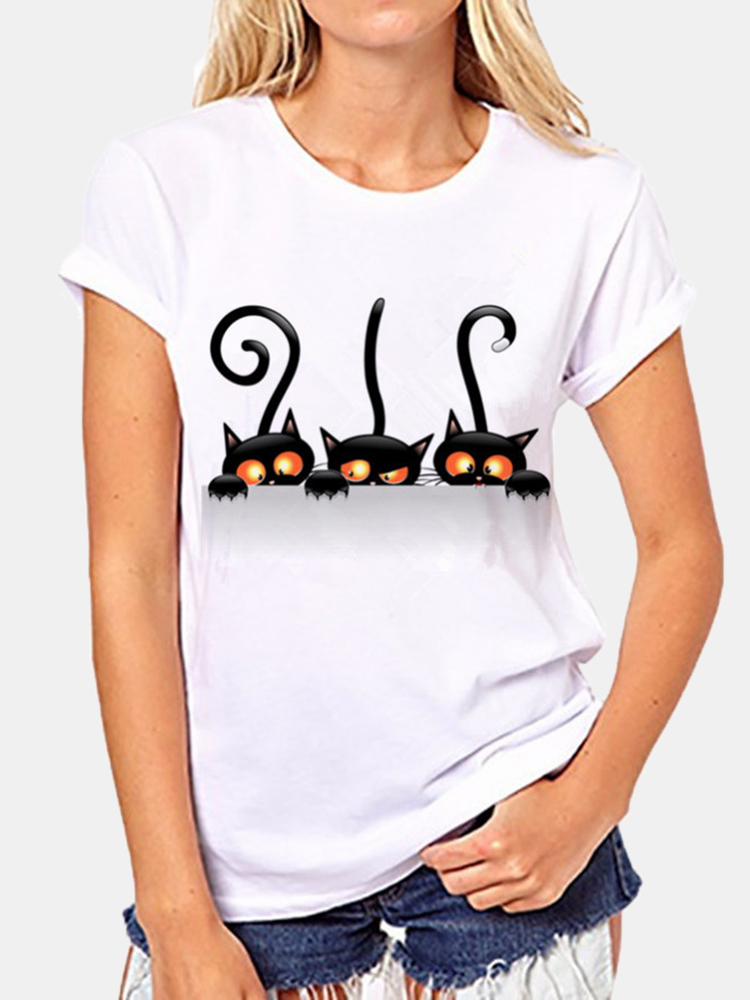 

Casual Cat Print Crew Neck Short Sleeve Loose T-shirts