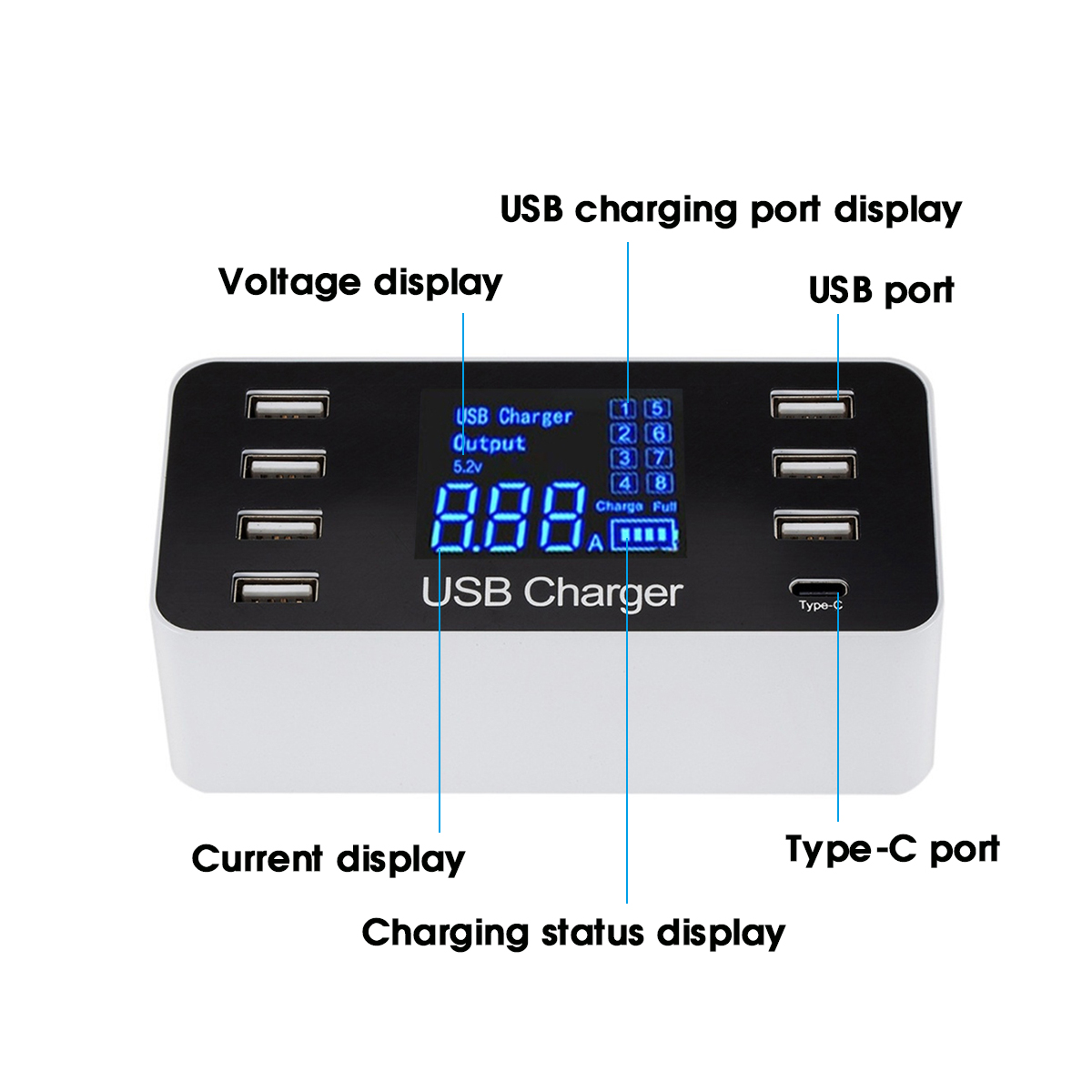 5V 8A 40W LCD Digital Display 8 Port USB Charger Recharging Hub Charging Station 21