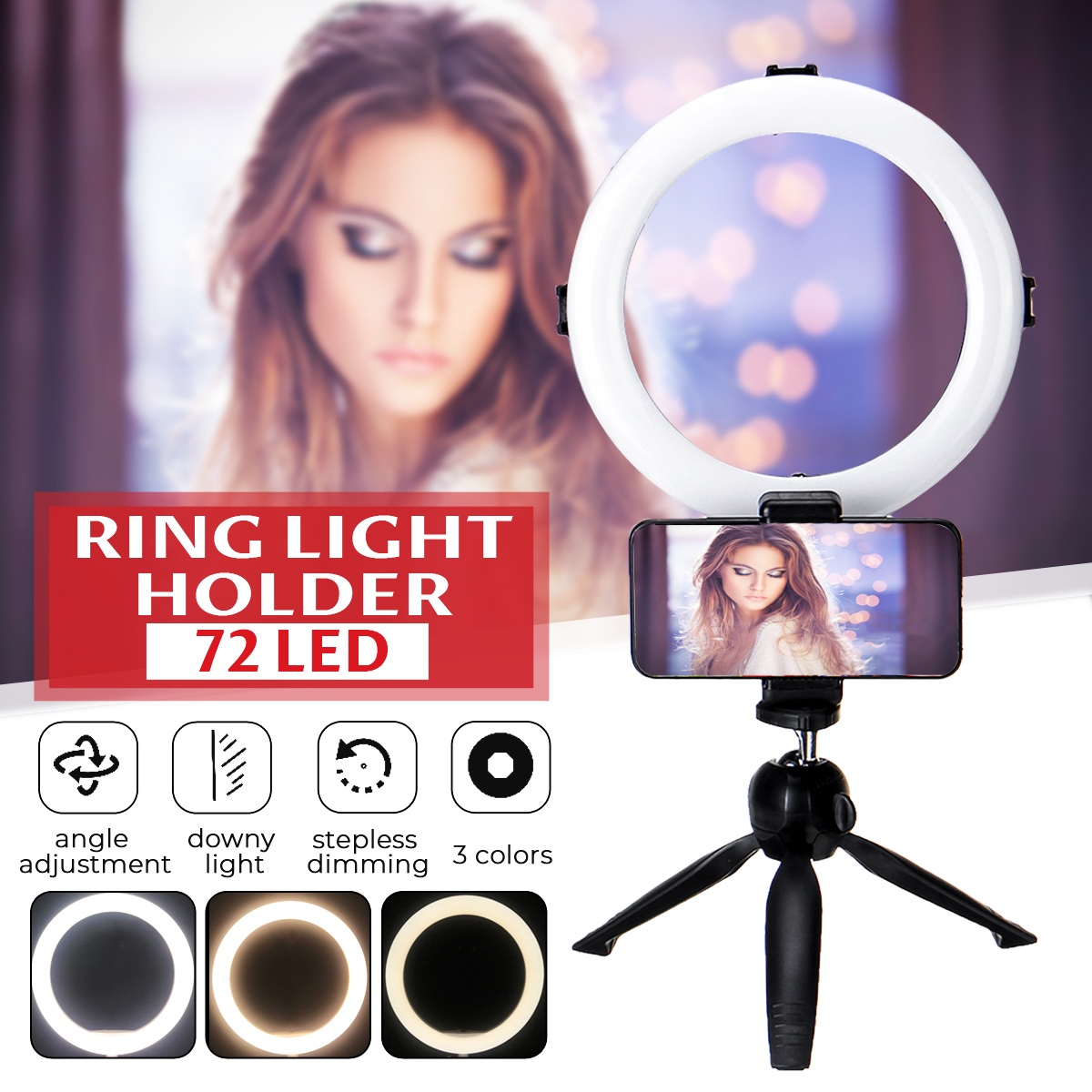

Live Video Dimmable LED Ring Light Photography Adjustable 360° Rotating Fill Light with Phone Clip Selfie Holder Tripod for Beauty Makeup