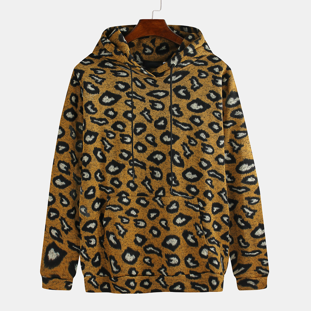 

Men Knitting Leopard Print Kangaroo Pocket Hooded Sweatshirt