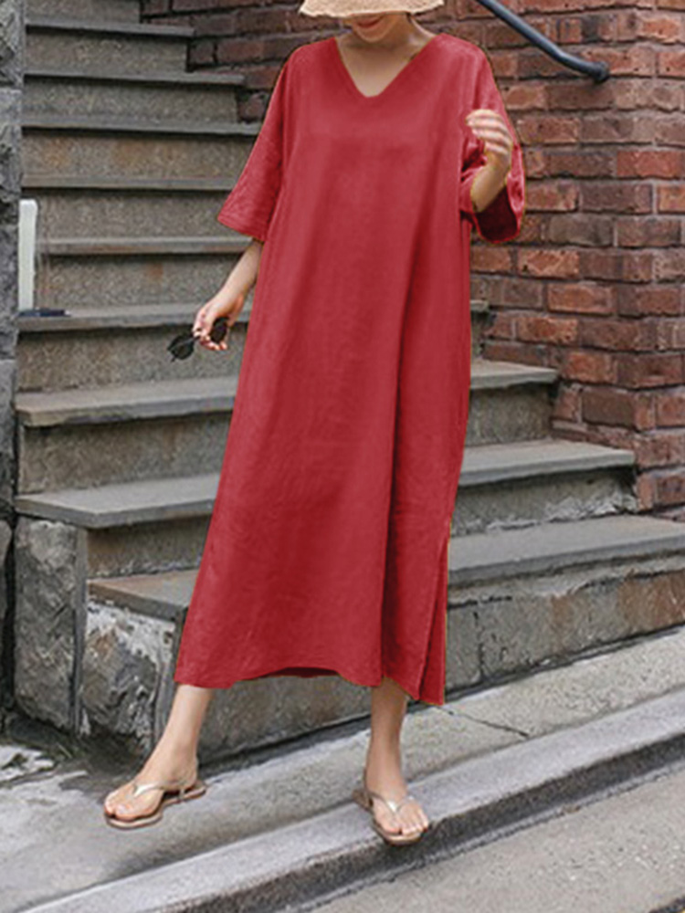

Женщины Свободный хлопок Pure Color V-образным вырезом с половиной рукава Платье