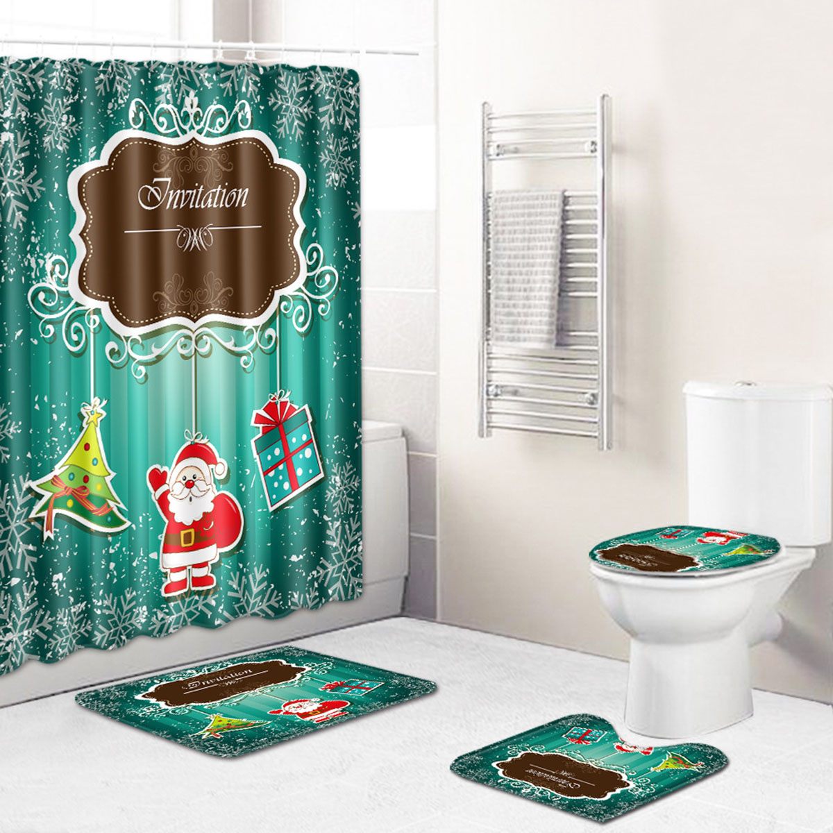 

Рождество Санта-Клаус Ткань Занавески для Душа Набор Ванная комната Коврик для Унитаза