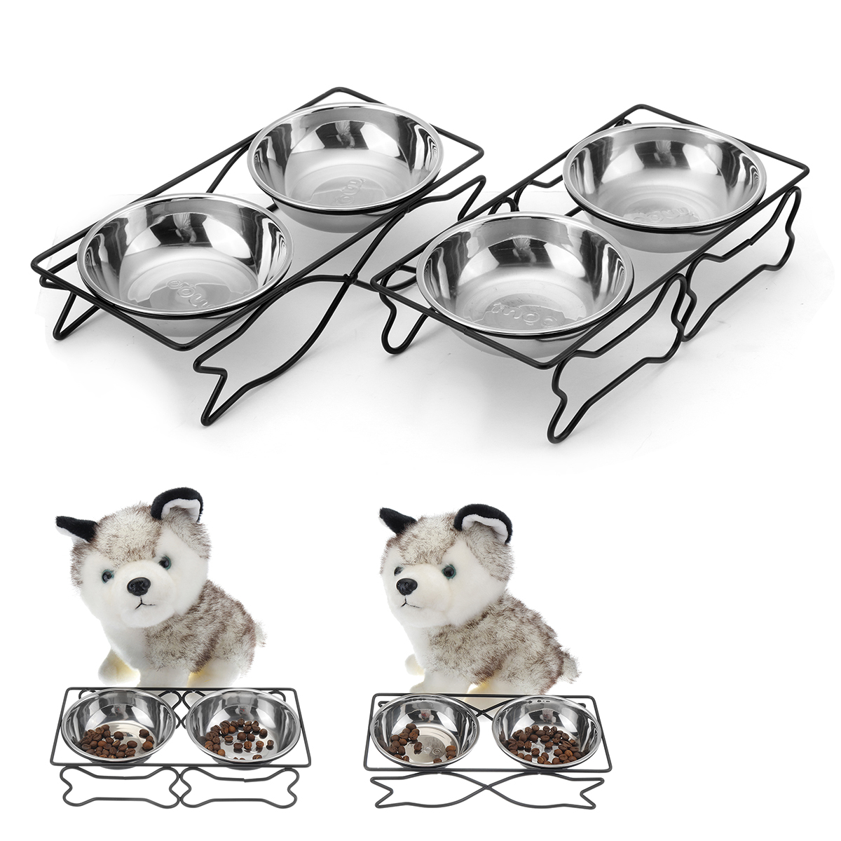 

Stainless Steel Double Pet Bowls Dish Dog Cat Stand Feeder Food Water Bowl Feeding Dish