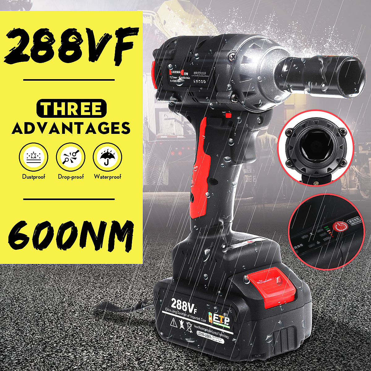 288VF 600N.M Max Brushless Impact Wrench Li-ion Battery Brushless Motor Electric Wrench Power Tool With Charger Sleeve