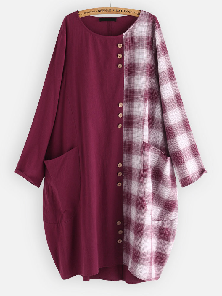 

Plus Size Plaid Splice Long Sleeve Big Pockets Casual Dress with Button