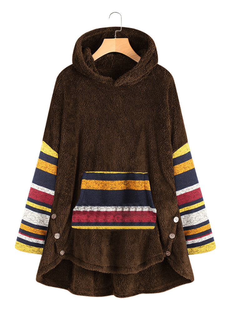 

Stripe Splice Irregular Hem Hooded Fleece Sweatshirt Coats