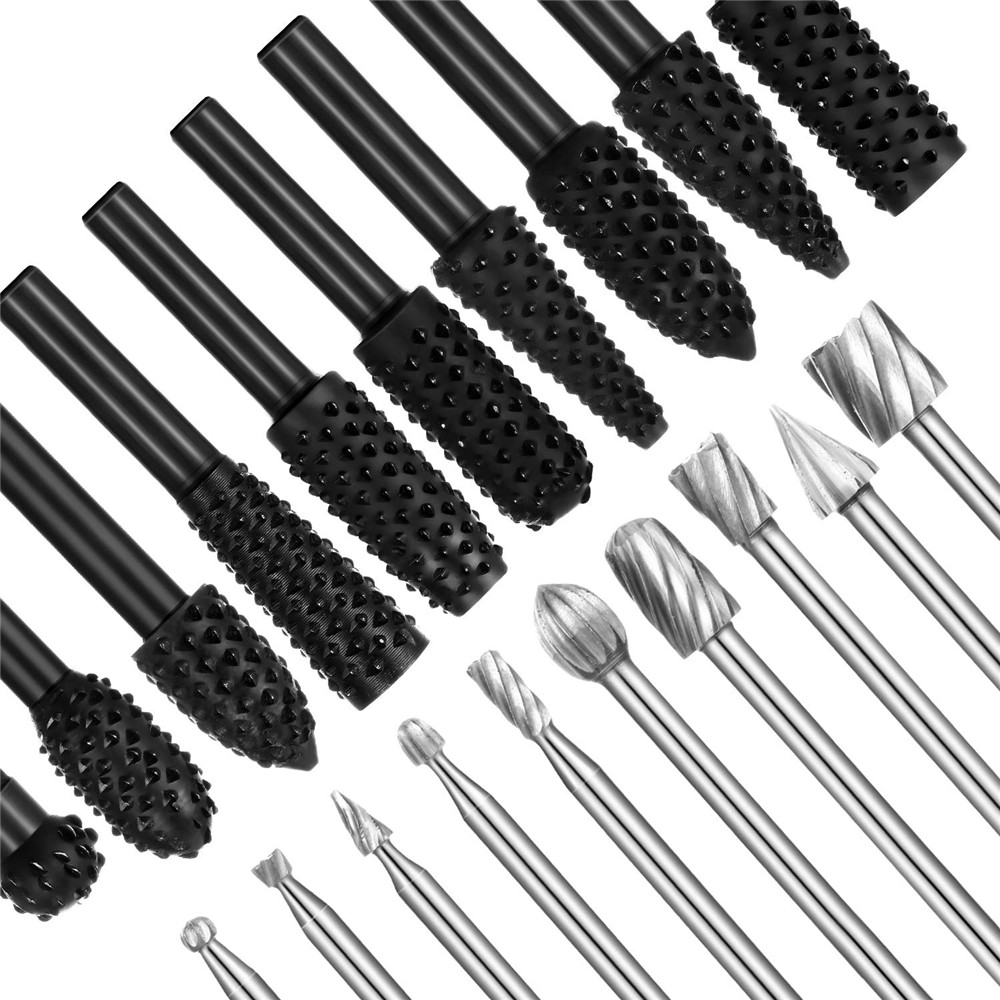 

Drillpro 20PCS Drill Bit Set 10PCS Router Bits Woodworking File Rasp Drill Bit 1/8 Inch Shank and 10PCS Router Burrs Embossed Grinding Head 1/4 Inch Shank for DIY Woodworking Carving Drilling