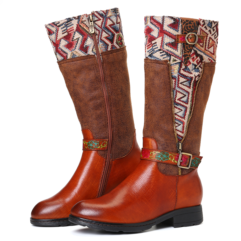 

SOCOFY Pattern Leather Stitching Mid Calf Boots