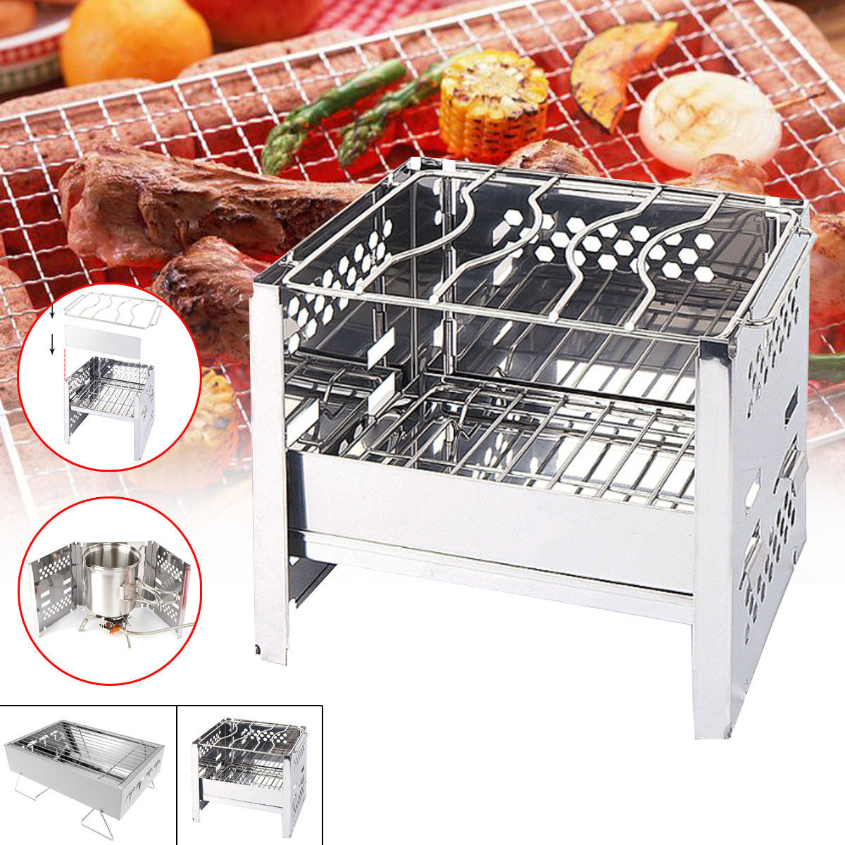 

Outdoor Camping Picnic BBQ Grill Folding Stainless Steel Stove Wood Burning Stoves BBQ Cooking Stove