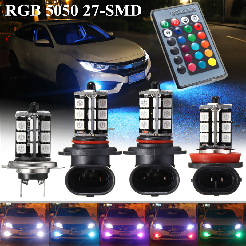 2Pcs Auto Car H7 RGB 5050 27SMD LED Bulbs Fog Lights with Remote Control DC 12V 