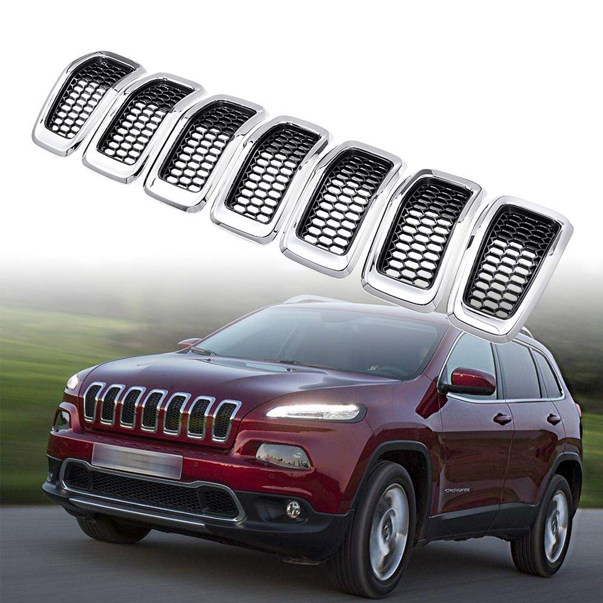 

Front Glossy Black Chrome Replacement Inserts Grille For Jeep Cherokee 2014-2018