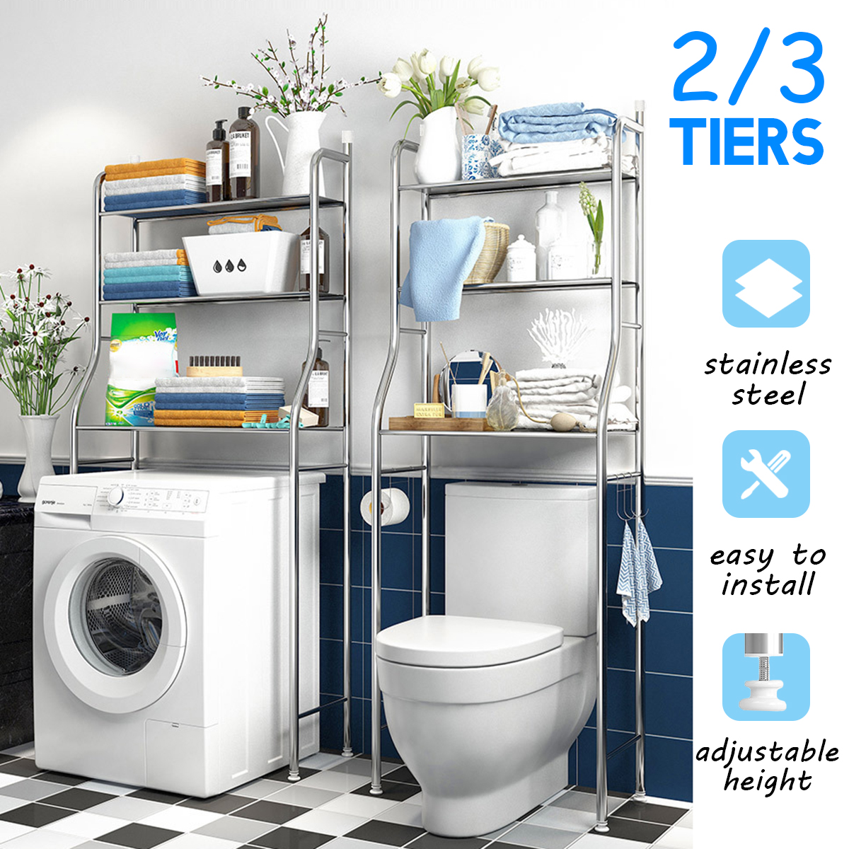 2/3 Tiers Storage Rack Over Toilet/Bathroom/Laundry/Washing Machine Shelf Unit Organizer 7