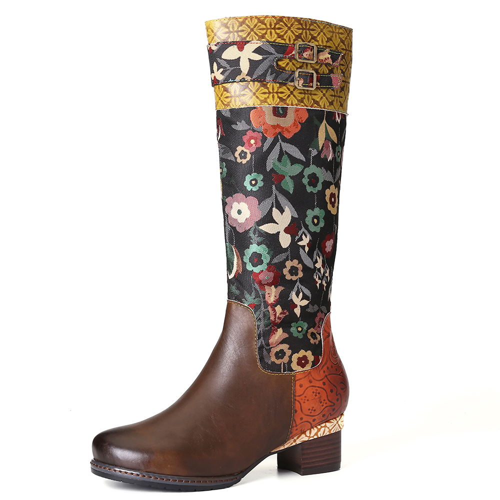 

SOCOFY Women Flower Pattern Leather Stitching Mid Calf Boots