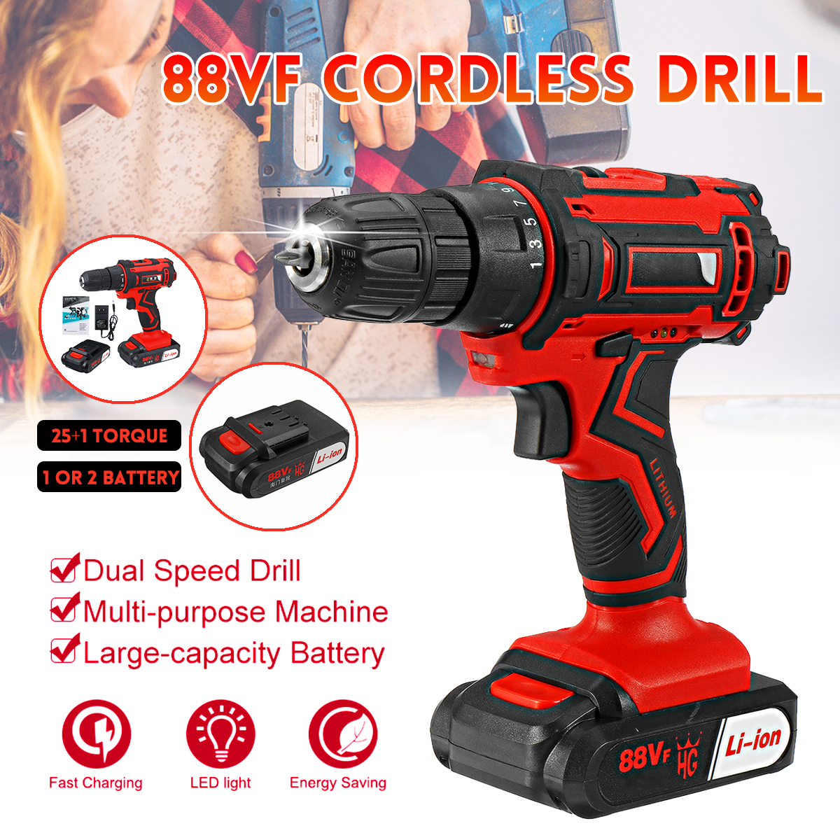 88VF 25+1 Gear Li-ion Battery Electric Drill 2 Speed Cordless Power Drill Drilling Tool 1 Or 2 Batteries 10mm Chuck