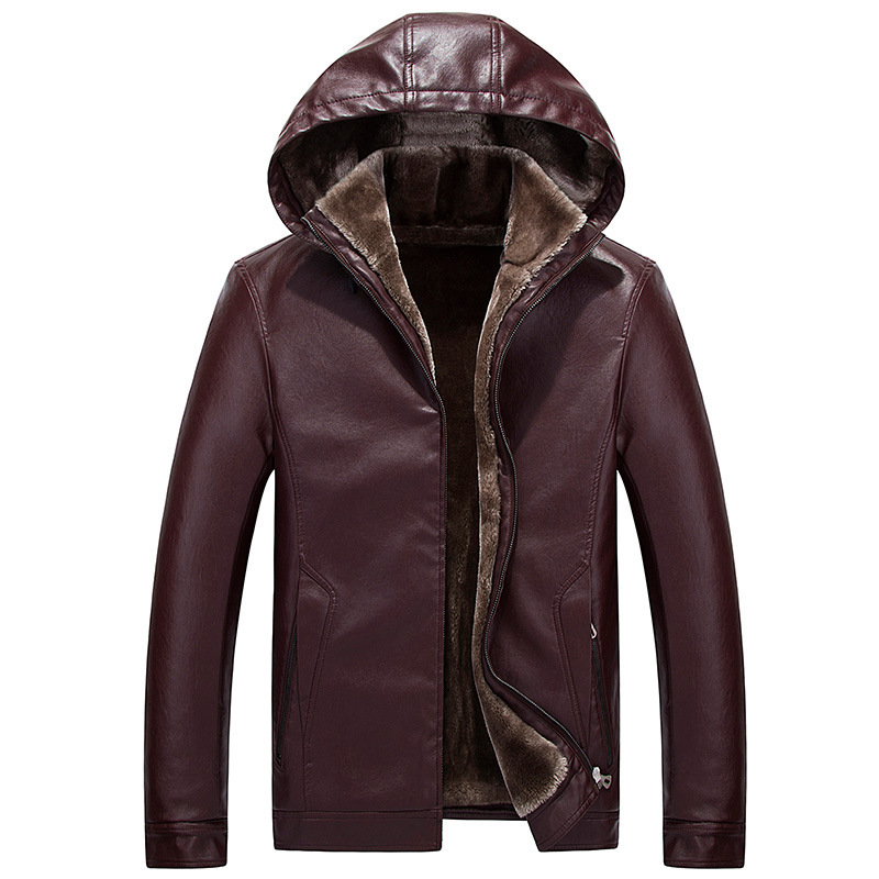 

Mens Fashion PU Zipper Windproof Hooded Warm Jacket