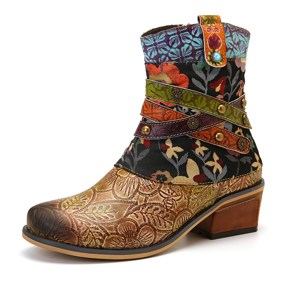 

SOCOFY Women Retro Printed Pattern Genuine Leather Comfy Ankle Boots