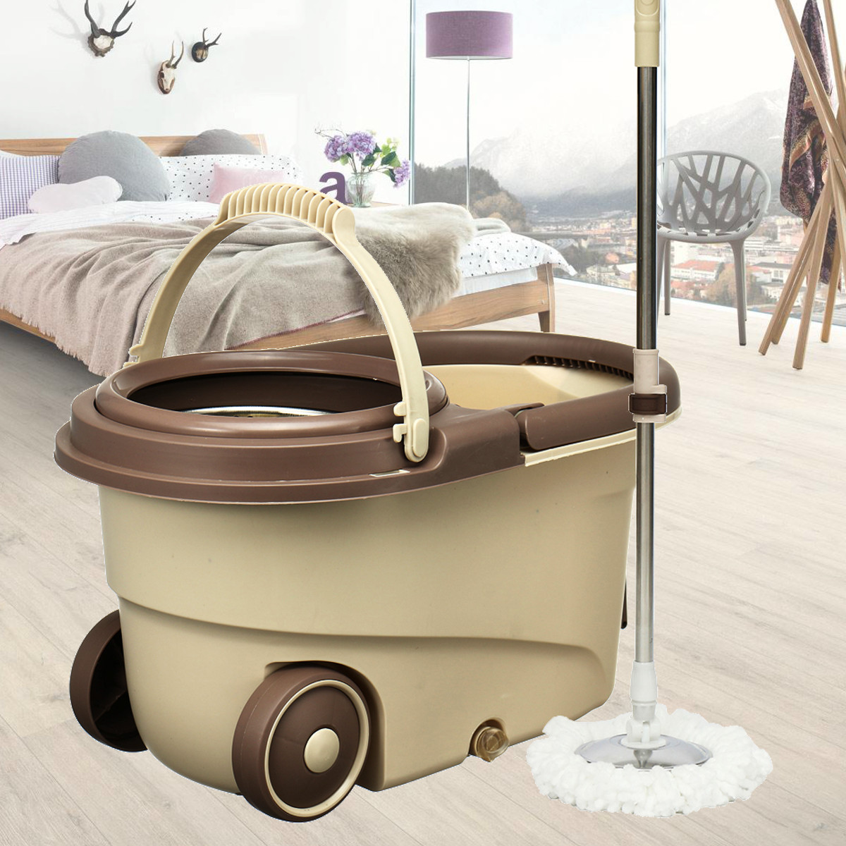 

360°Rotating Head Easy Floor Mop Water Bucket 2x Heads Microfiber Spin Cleaning Tool
