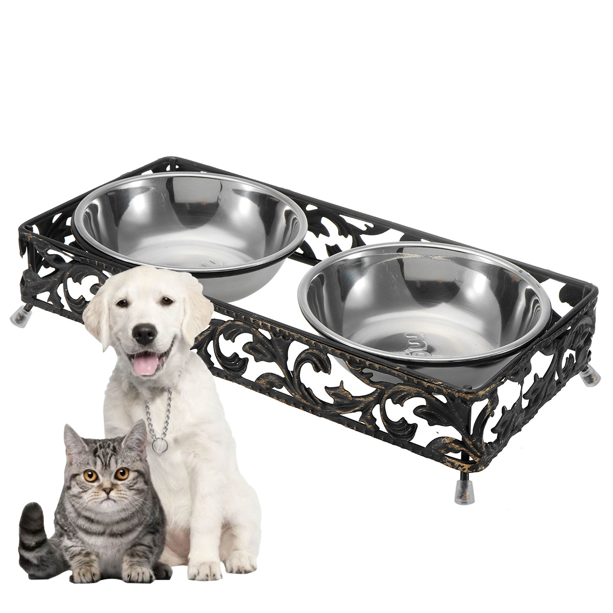 

Двойная миска для домашних животных Собака Кот Подставка для кормления Пищевая вода Из нержавеющей стали Прочная чаша