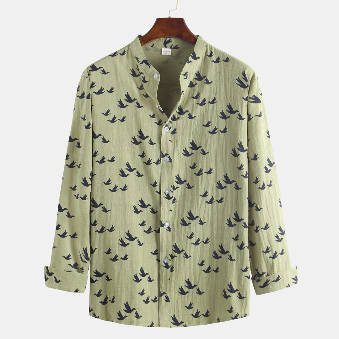 

Linen Birds Print Long Sleeve Stand Collar Casual Shirts