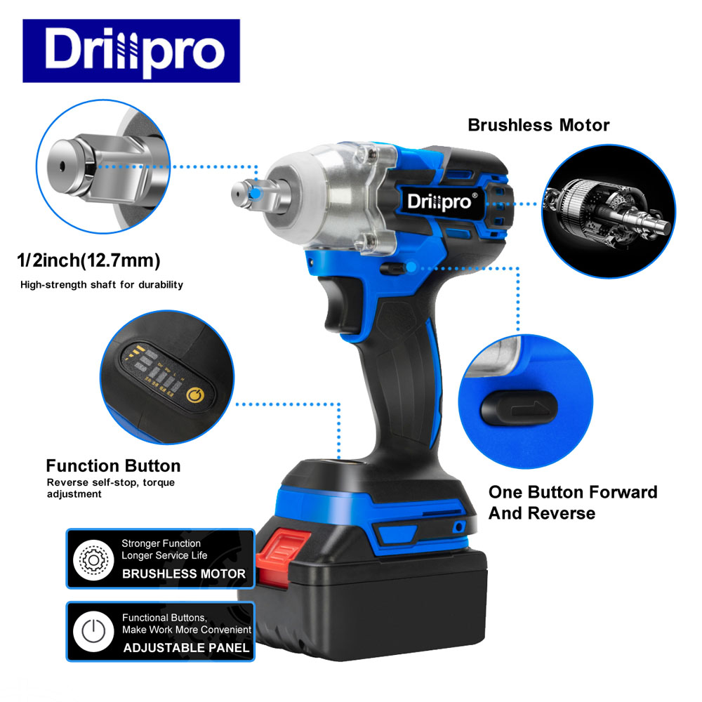

Drillpro Blue Impact Wrench Brushless Cordless Electric Wrench Power Tool 320N.M Torque without Battery