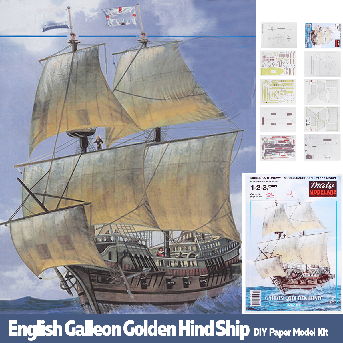 1:100 Scale English Galleon Golden Hind Ship Sir Francis Drake Paper Model Kit 
