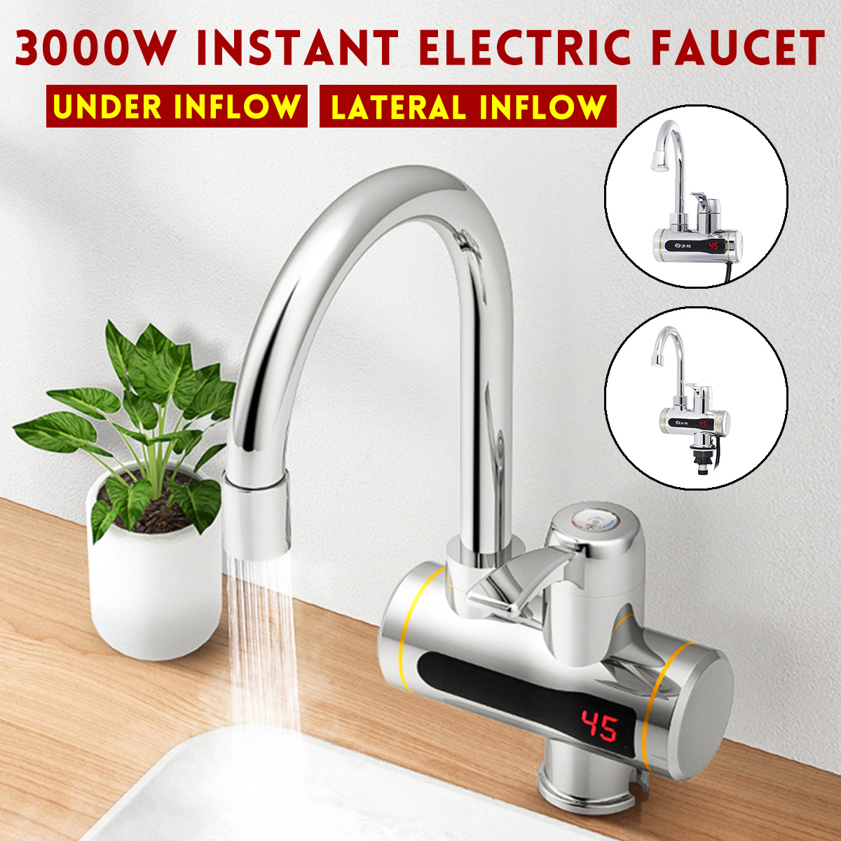 

220V 3000W IPX4 Electric Faucet Tap Hot Water Heater Instant Kitchen Side/Under Faucet