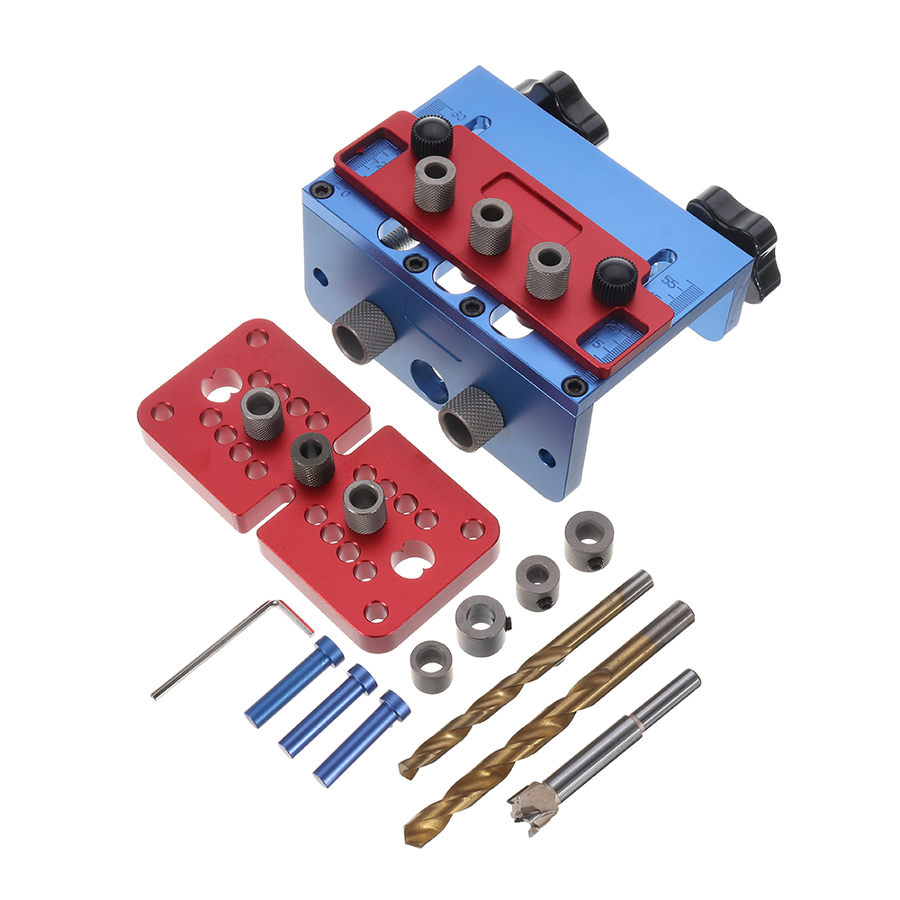 

3 In 1 Woodworking Drill Guide Set Hole Puncher Dowelling Jig Self Tighten Clamp Dowel Tenon Punching with Drill Bits Locating Pins