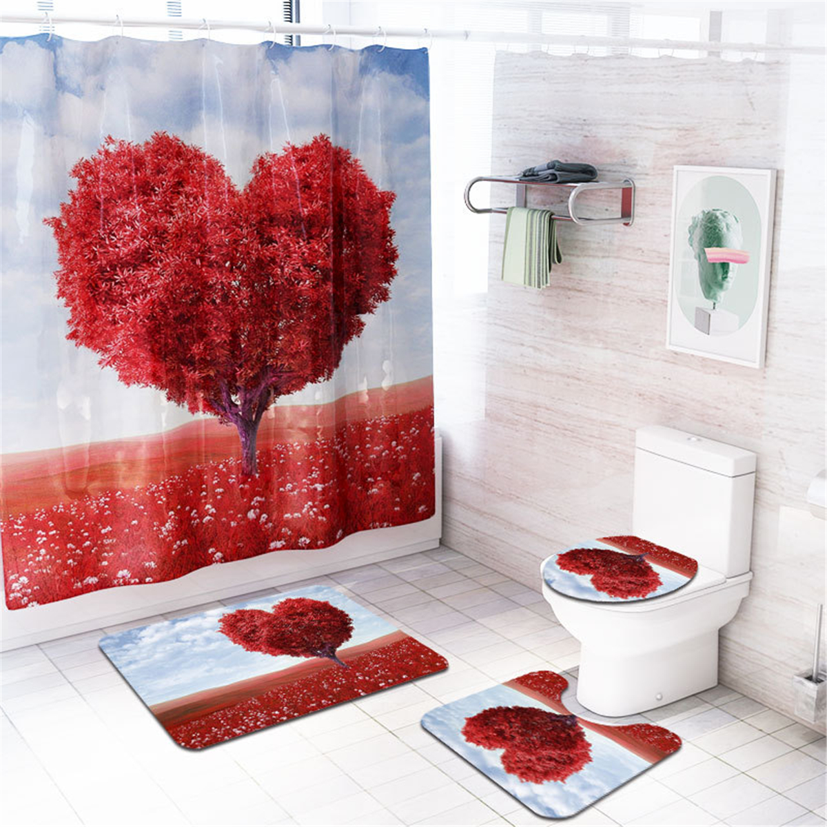 

Heart Tree Waterproof Bathroom Shower Curtain Panel Floor Mat Toilet Seat Cover