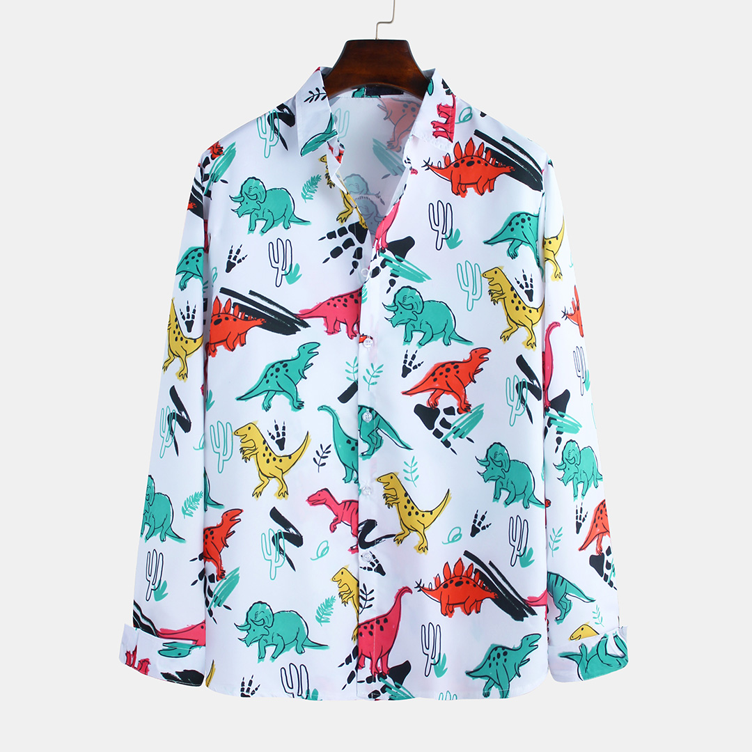 

Mens Funny Cartoon Dinosaur Printed Casual Long Sleeve Lapel Shirts