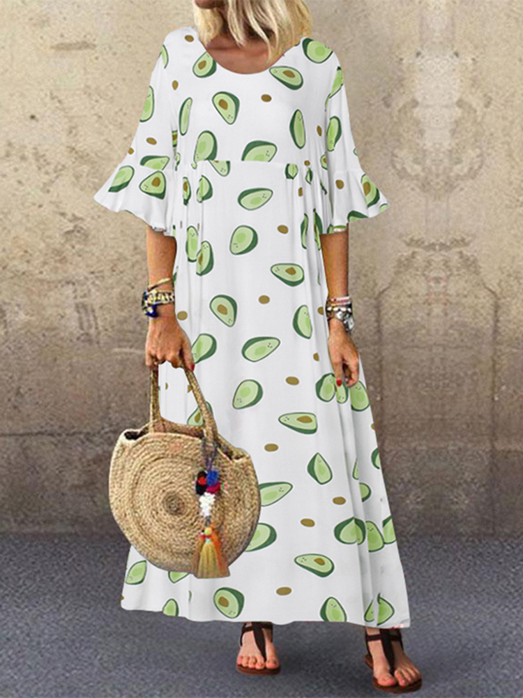 

Women Casual Avocado Printed O-Neck Flare Sleeve Dress