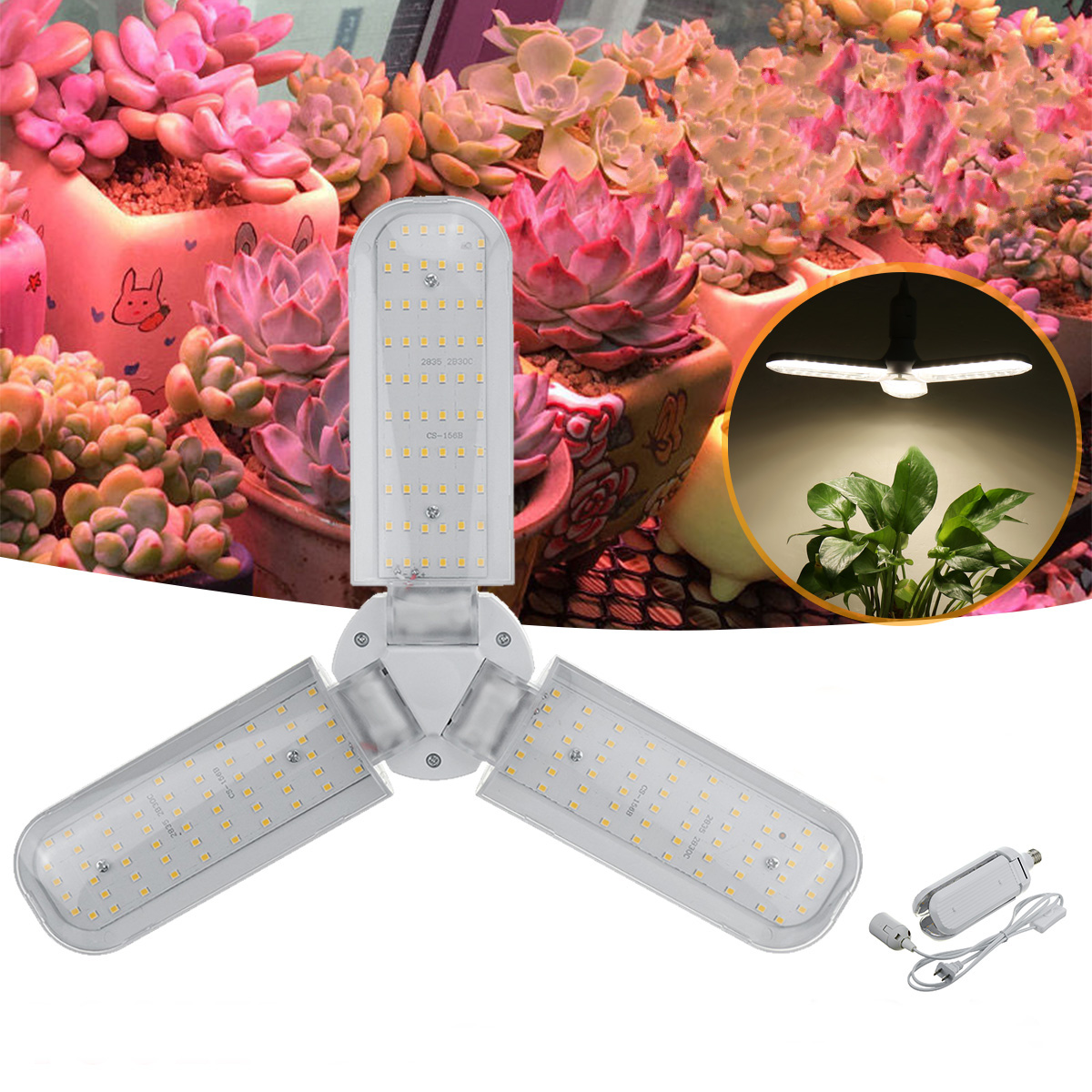 

AC110-265V E27 40W 2835 Three-Leaf LED Grow Light Full Spectrum Hydroponic Lamp with Hanging Holder for Plant