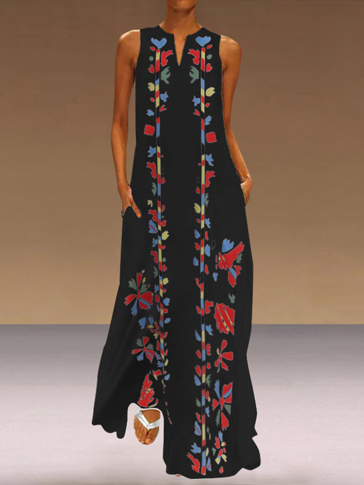 

Floral Print V-neck Bohemian Summer Long Maxi Dress