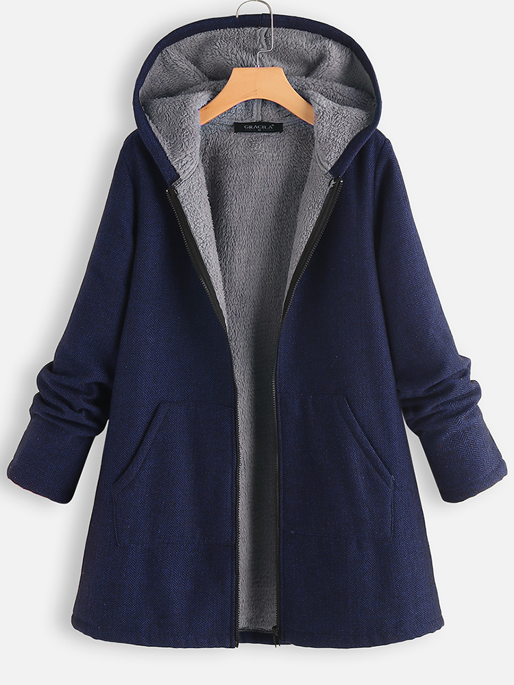 

Solid Color Fleece Hooded Long Sleeve Thick Coats For Women