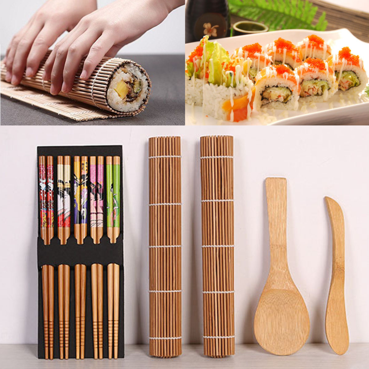 DIY Bamboo Sushi Making Kit 2 Rolling Mats 5 Pairs ...