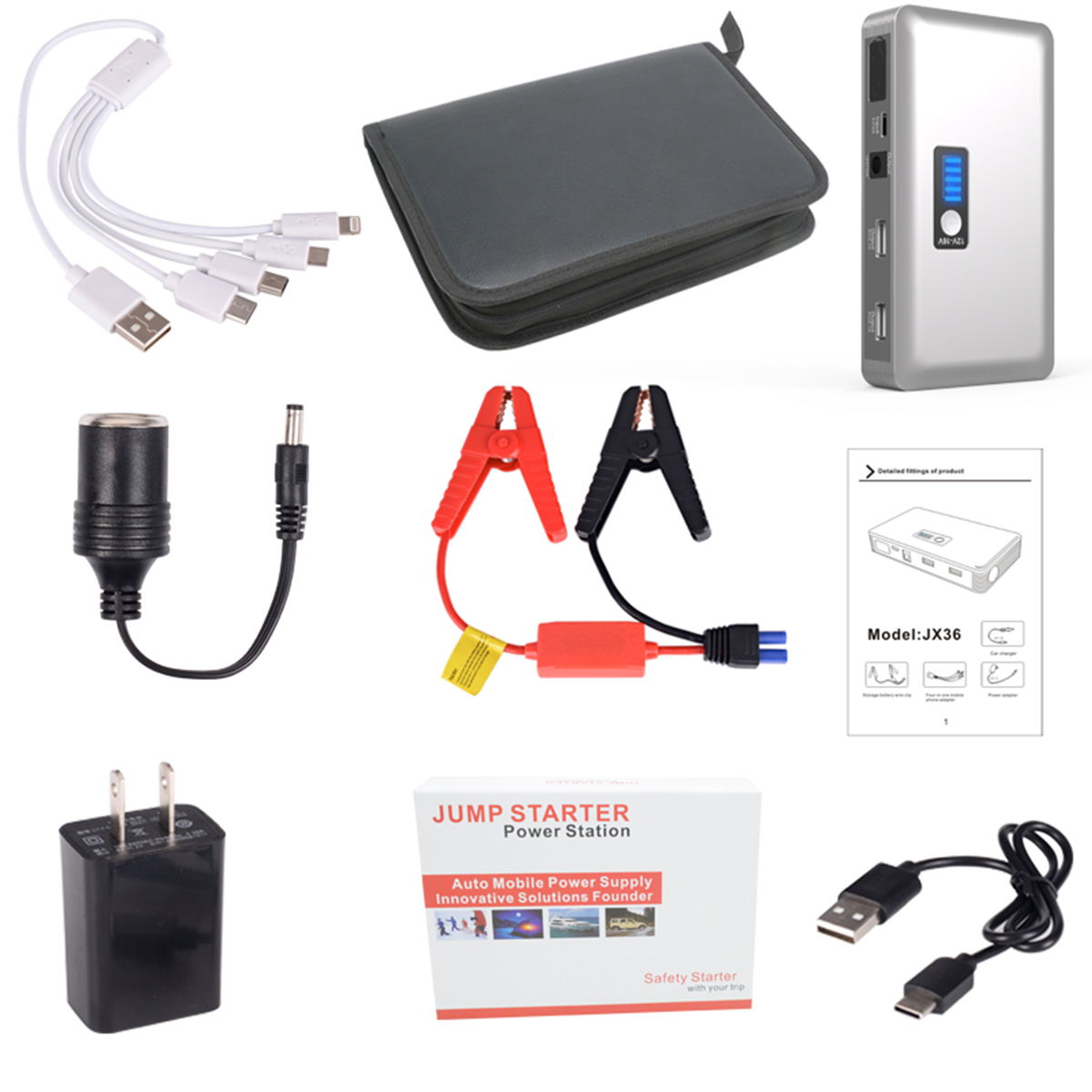 

JX36 Display 98600mAh 12V Car Jump Starter Portable USB Emergency Power Bank Battery Booster Clamp 1000A DC Port Silver